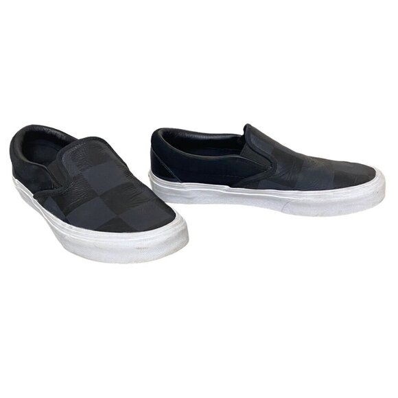 Vans Classic Leather and Canvas Slip On Black Gray Checker Sneakers Size 8.5 - Picture 3 of 6